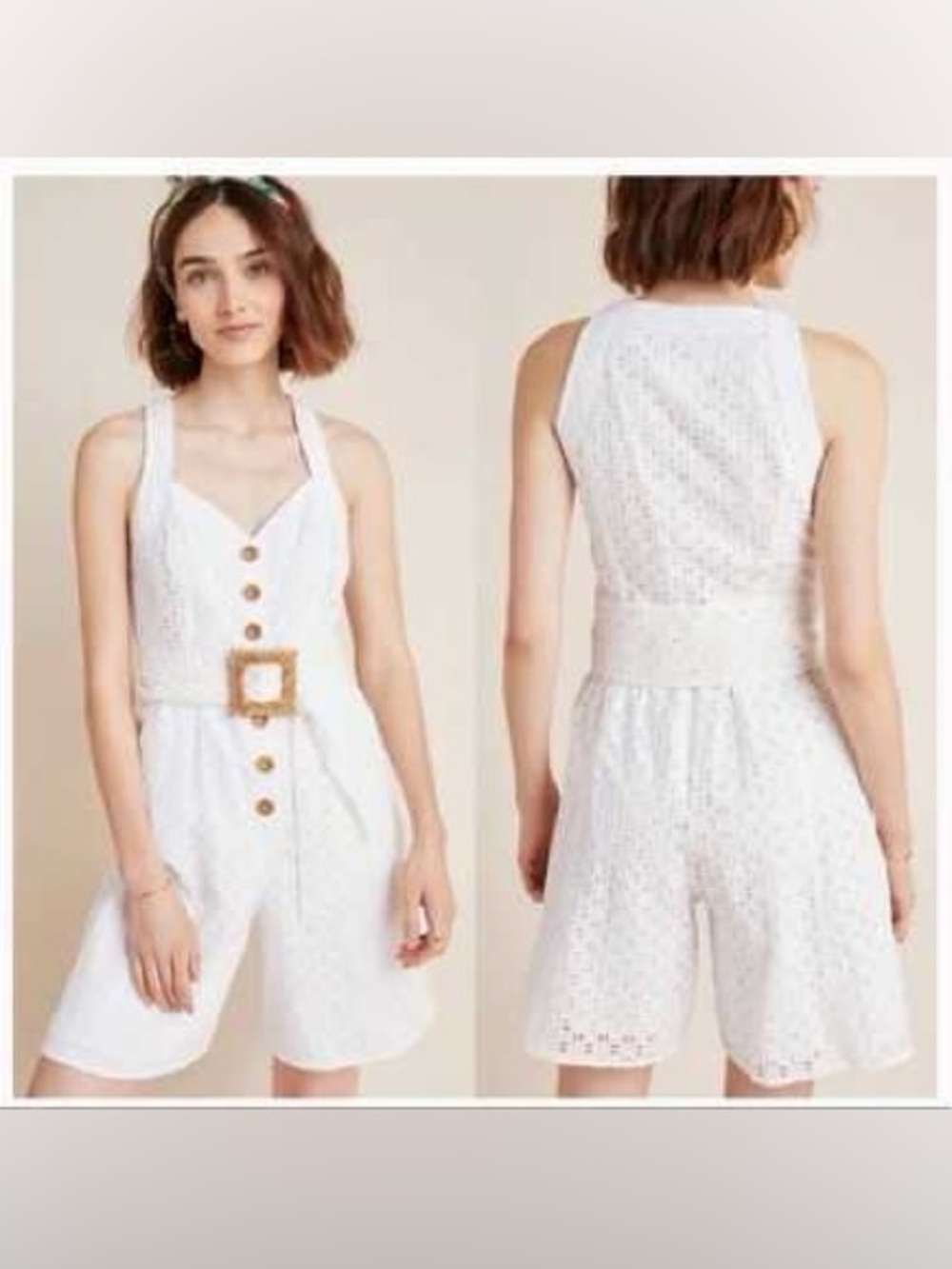 Anthropologie White Eyelet lace Halter Romper with Belt size US 8